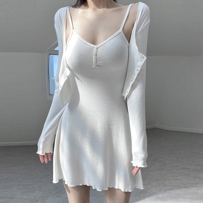 Women Dresses White V-neck Suspenders Dress Long Sleeve Cardigan Jacket Suit Skirt