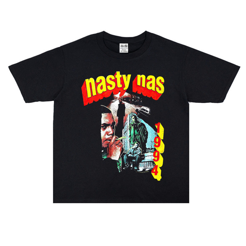 Rock Star T Shirt Nasilnas East Coast Rap Nasty Nas Loose Print T-shirt Short Sleeve Street