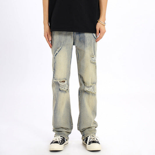 Men Jeans Ripped Jeans for Men and Women Loose Retro Straight-Leg Pants