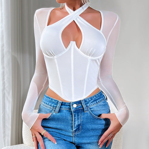 Women Party Tops Long-Sleeved T-shirt Steel Ring Fishbone Waist Top