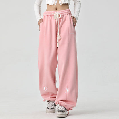 Men Sweatpants Loose Wide Leg Drawstring Jogger Pants Embroidery Lettered Casual Elastic Waist Track Sweatpants