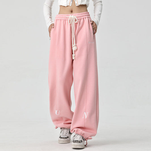 Men Sweatpants Loose Wide Leg Drawstring Jogger Pants Embroidery Lettered Casual Elastic Waist Track Sweatpants