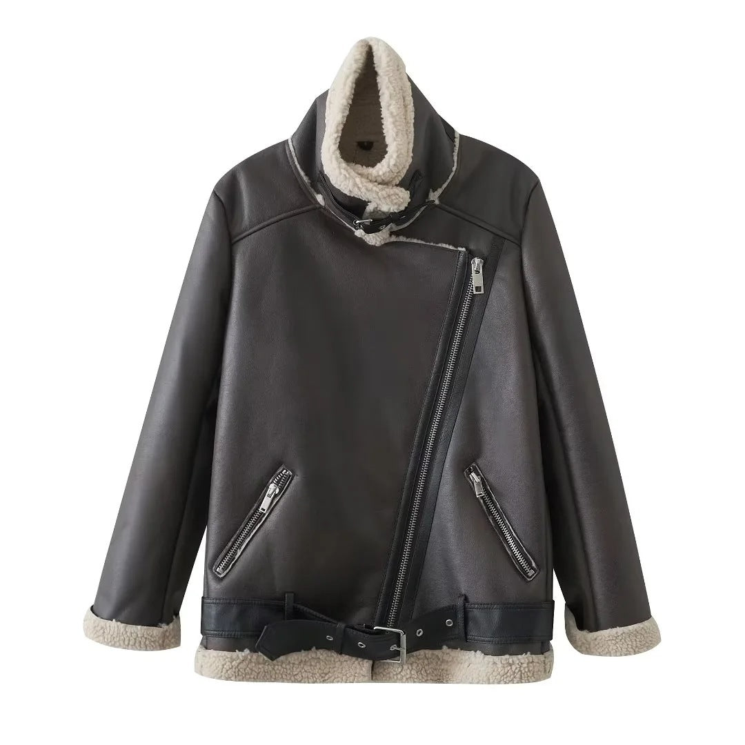 Women Cotton Coat Stand Collar Zipper Leather Coat Warm