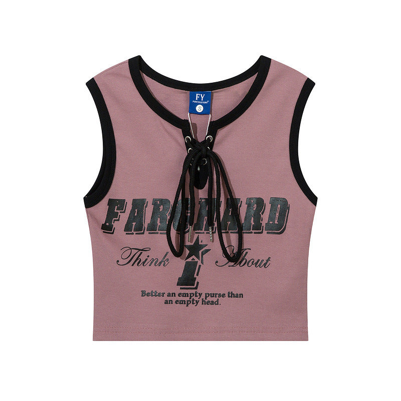 Women Vest Old School Letter Print Sleeveless T-shirt Female Vintage Vest