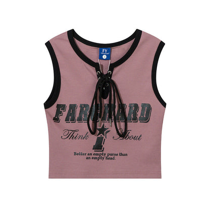 Women Vest Old School Letter Print Sleeveless T-shirt Female Vintage Vest