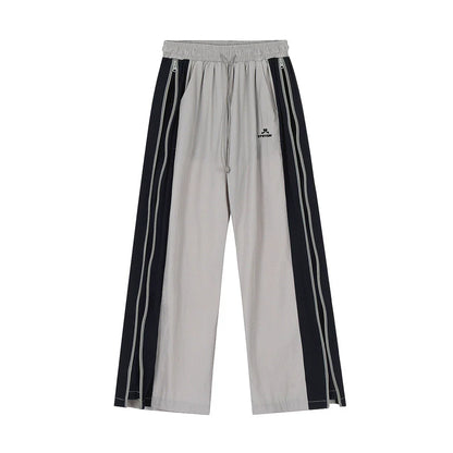 Men Sweatpants Side Zipper Stitching Casual Wide Leg Pants Elastic Waist Straight-Leg Trousers