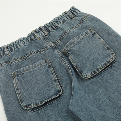 Men Jeans Solid Color Multi-Pocket Workwear Loose