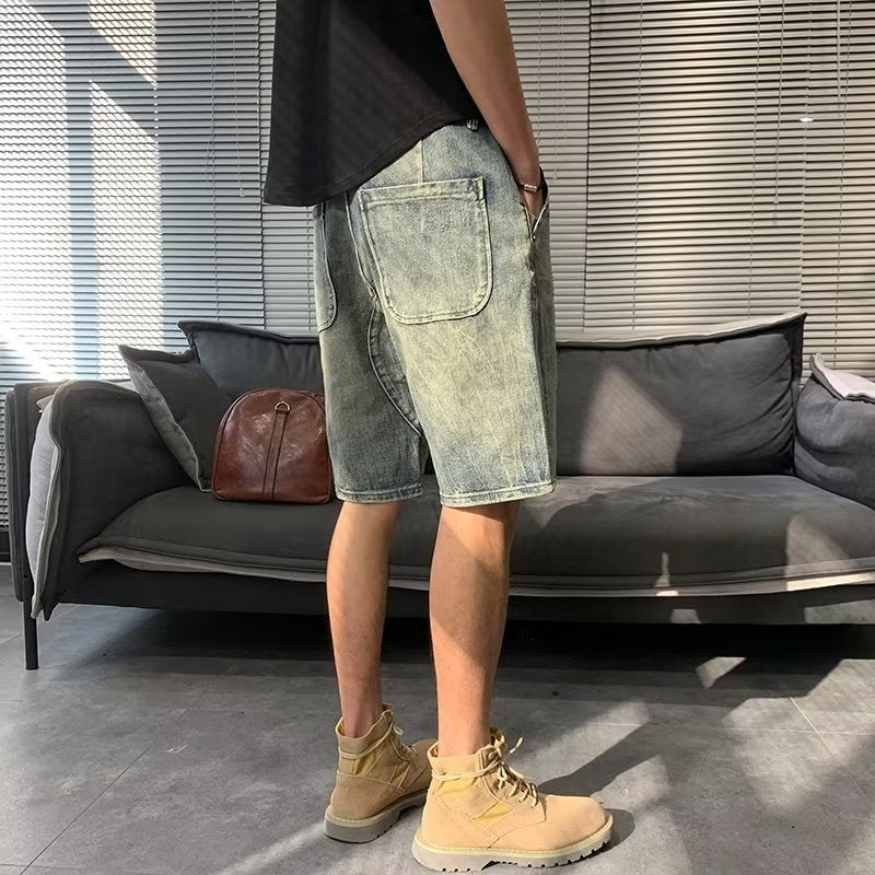 Men Jeans Washed Middle Pants Straight Casual Retro Shorts