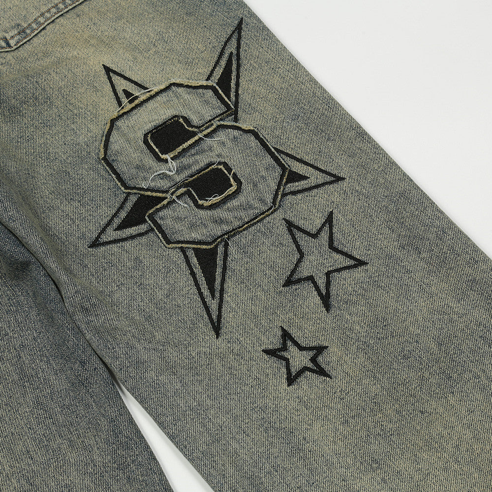 Men Jeans Paste Cloth Embroidery Old Leisure