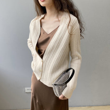 Women Cardigan Sweater Autumn Winter Retro Twist Knitted Cardigan Jacket V-neck Long Sleeve Sweater 8t3102