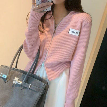Women Knitwear Spring and Autumn Double Zipper Knitted Cardigan Jacket
