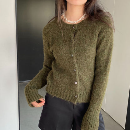 Women Cardigan Sweater Spring Alpaca Fleece/Fiber Cardigan Jacket Long-Sleeved round Neck Sweater Cardigan D2366