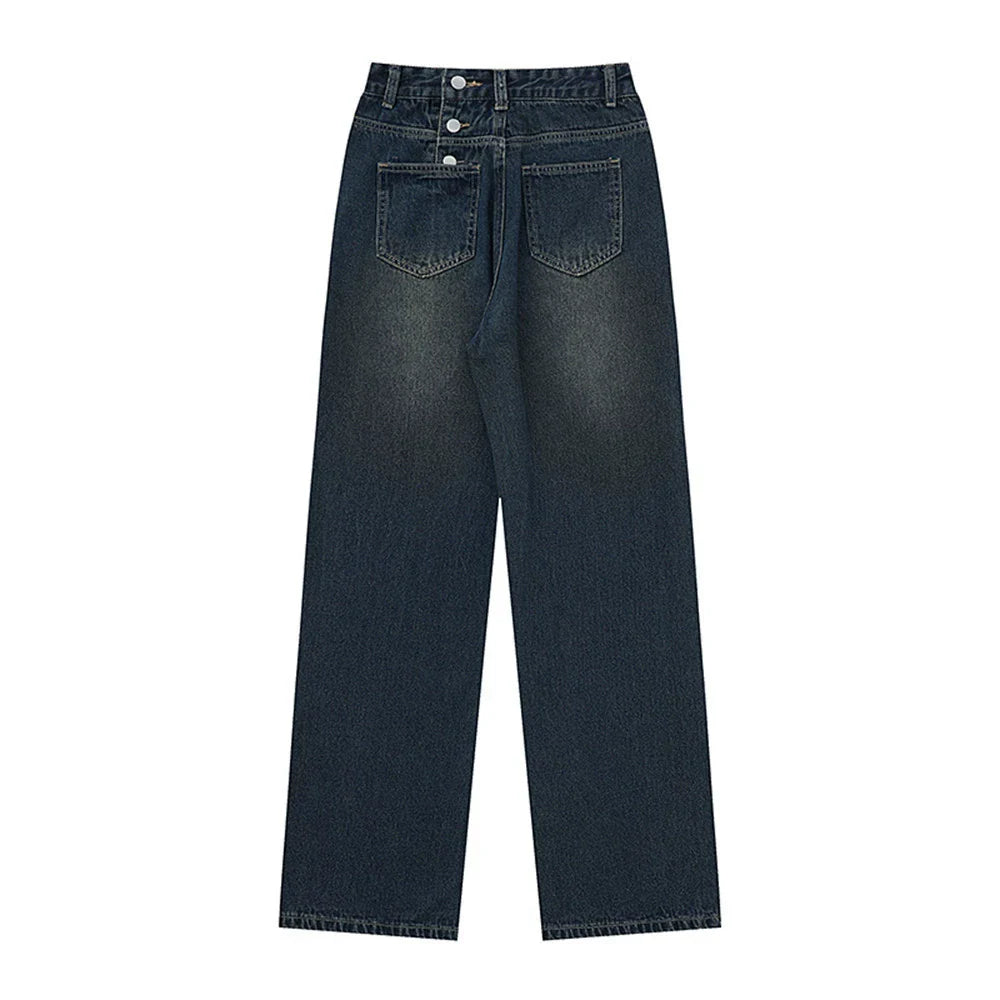 Women Pants Fastener Decoration Straight Jeans Women Loose Wide Leg Pants Retro Trousers