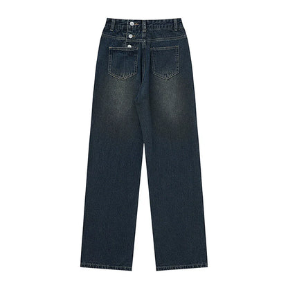 Women Pants Fastener Decoration Straight Jeans Women Loose Wide Leg Pants Retro Trousers