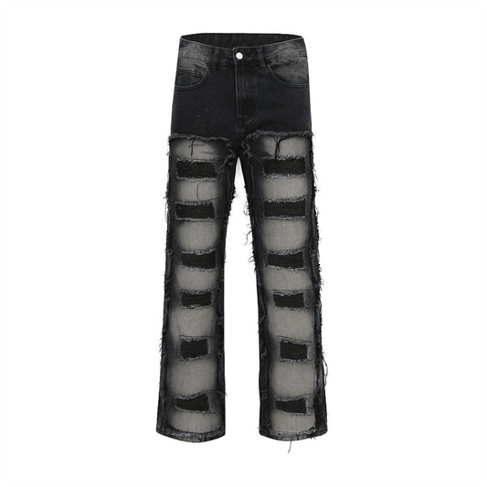 Men Jeans Stitching Ripped Punk Loose