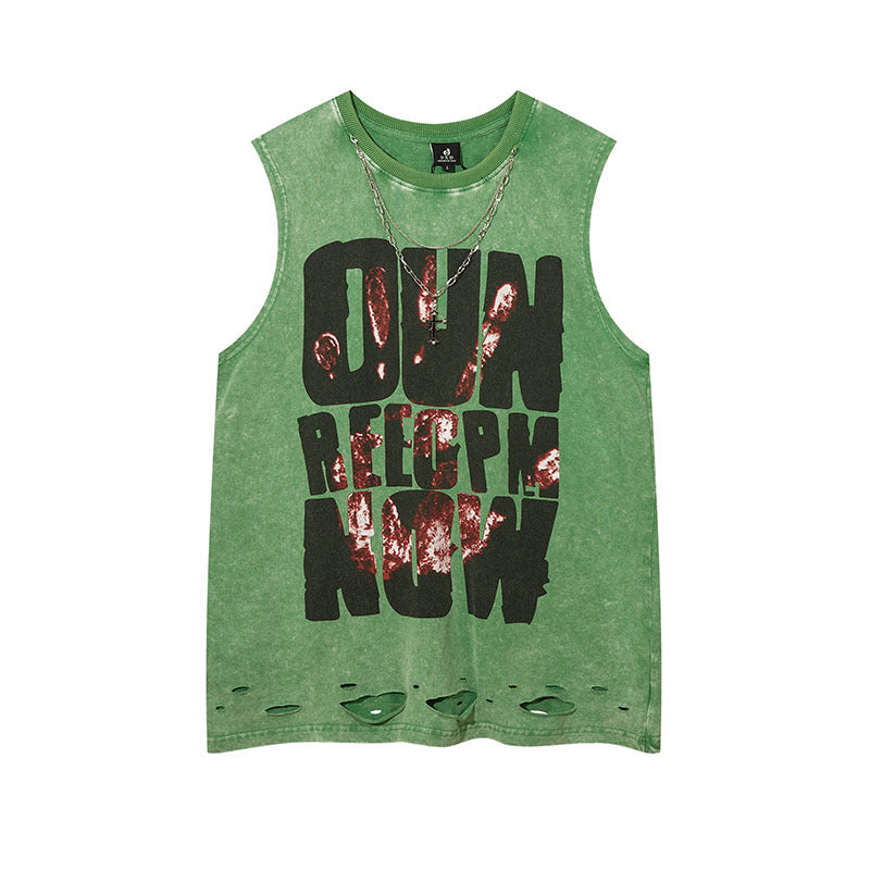 Men Vest Retro Alphabet Graffiti Ripped Vest