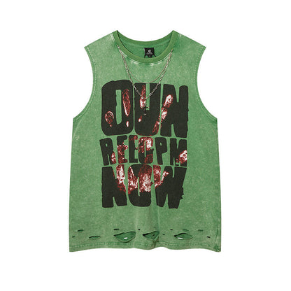 Men Vest Retro Alphabet Graffiti Ripped Vest
