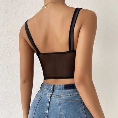 Women Party Tops Sexy Suspenders Mesh Diamond Vest