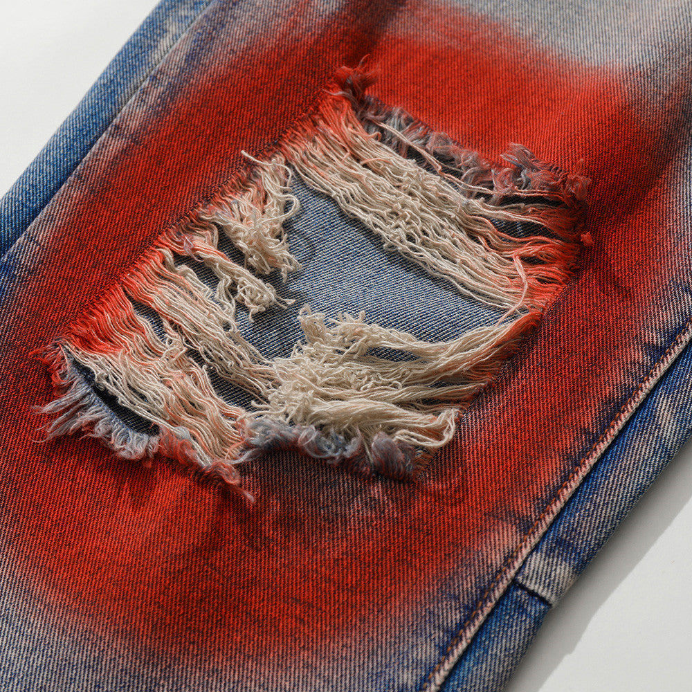 Men Jeans Spray Paint Ripped Trendy Hip Hop Popular