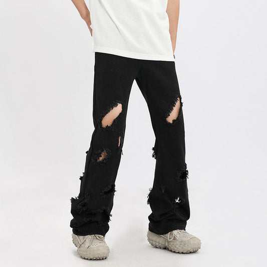 Men Jeans Ripped Straight Jeans Vintage Loose Denim Trousers