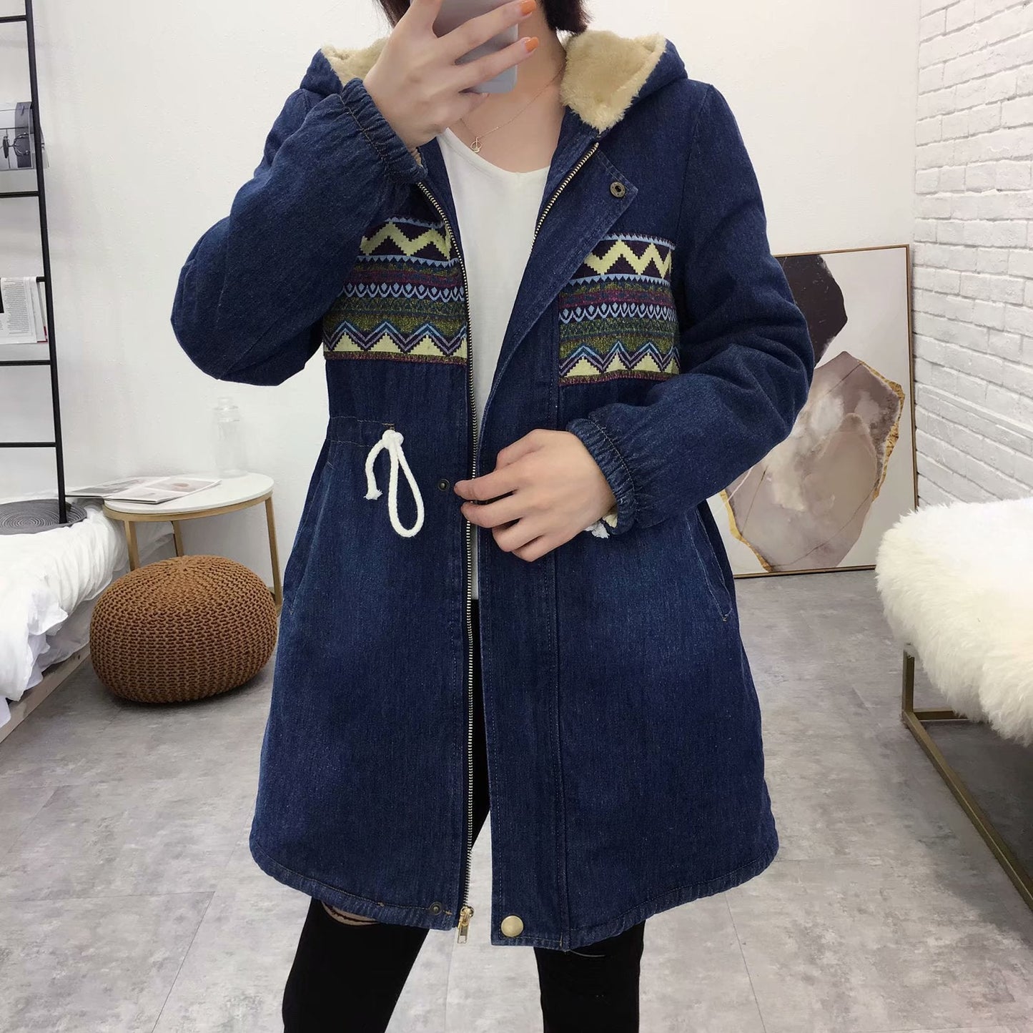 Women Cotton Coat Denim Coat Long Thickened Winter
