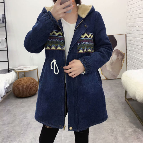 Women Cotton Coat Denim Coat Long Thickened Winter