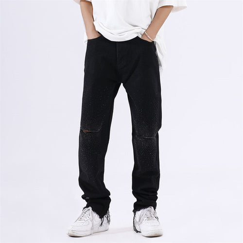 Men Jeans Raw Hem Ripped Casual Loose