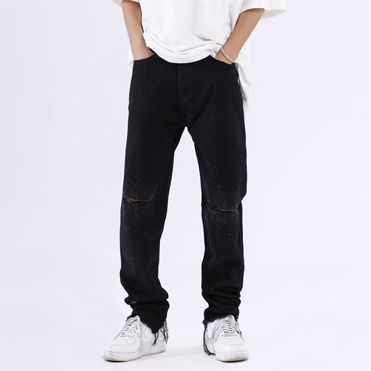 Men Jeans Raw Hem Ripped Casual Loose