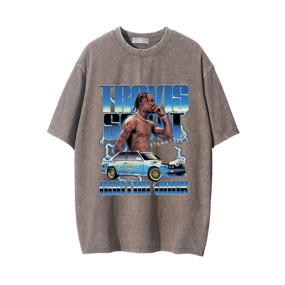 Men Vintage T-Shirt Distressed Short-Sleeved T-shirt Men's Summer Loose round Neck