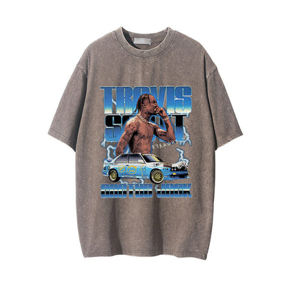 Men Vintage T-Shirt Distressed Short-Sleeved T-shirt Men's Summer Loose round Neck