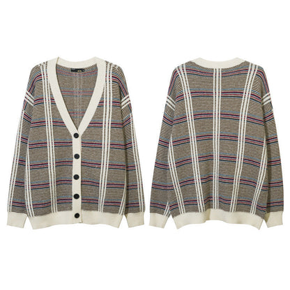 Women Sweater Loose Cardigan Coat Splicing Knitwear