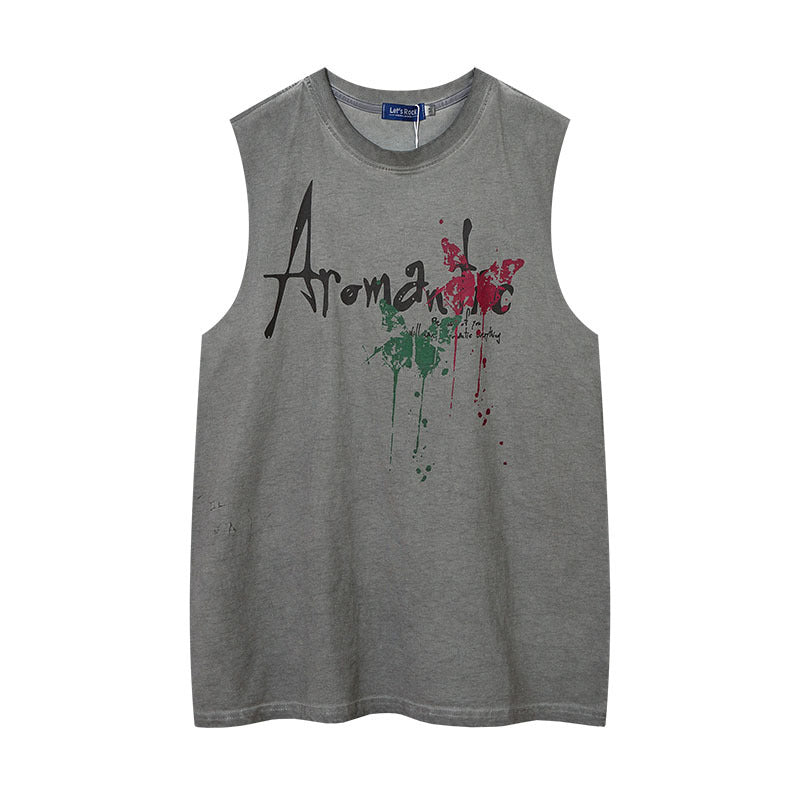 Women Vest Ripped Letter-Printing Necklace Sleeveless T-shirt