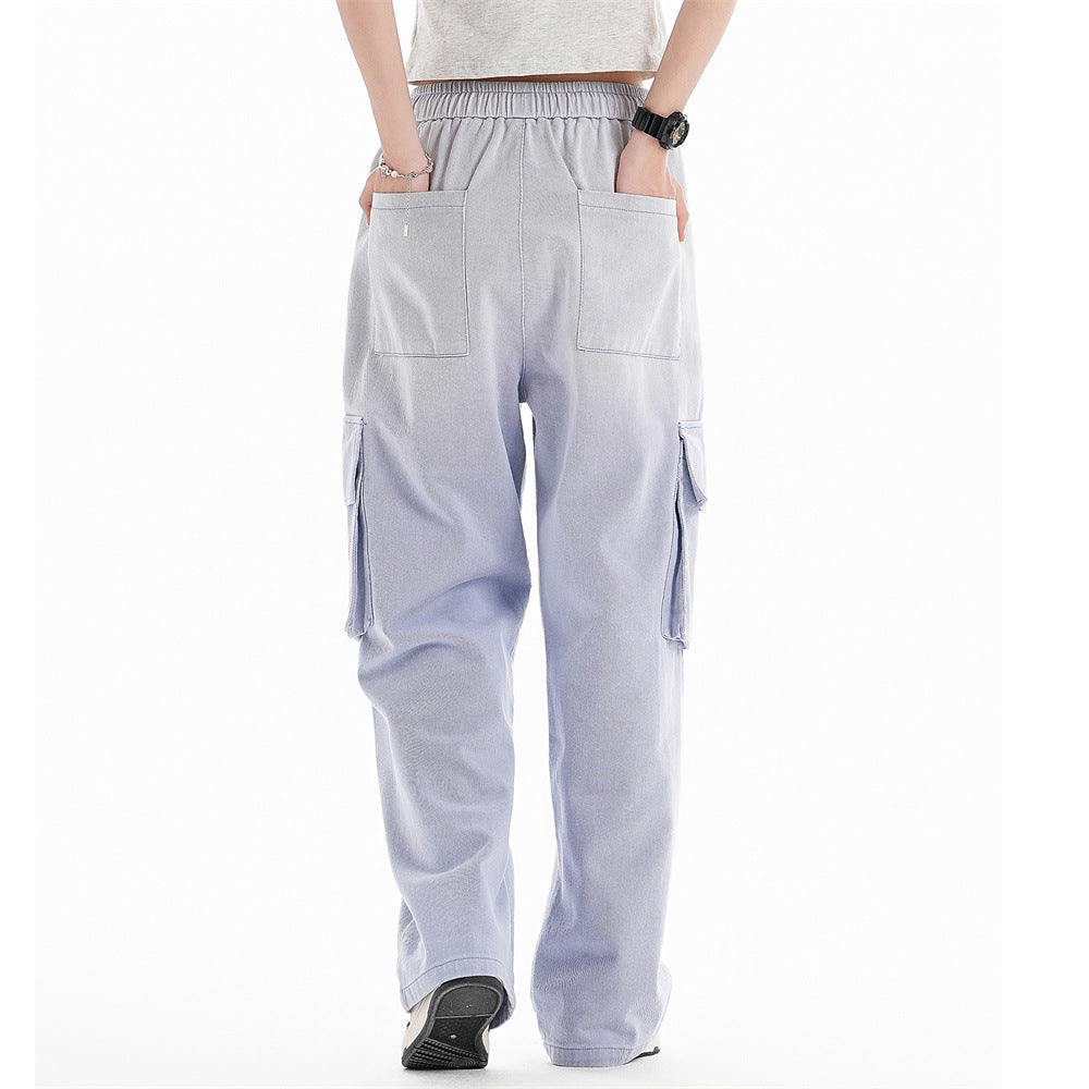 Men Sweatpants Wash Water Gradient Tie-Dye Straight-Leg Trousers Embroidery Loose Pockets Workwear Casual Pants