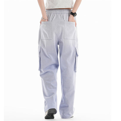 Men Sweatpants Wash Water Gradient Tie-Dye Straight-Leg Trousers Embroidery Loose Pockets Workwear Casual Pants
