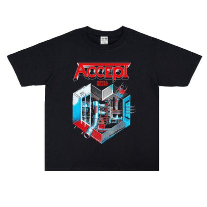 Rock Star T Shirt Band Accept Rock Accept Band Washed Distressed T-shirt Cotton Short Sleeve Loose