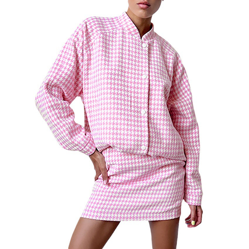 Women Trench Coat Autumn and Winter Stand Collar Long Sleeve Plaid Two-Piece Set Loose Casual Jacket
