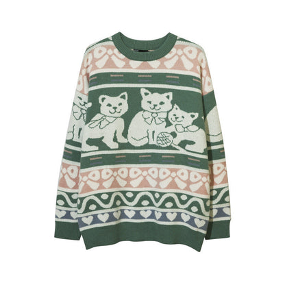 Women Sweater Cat Pattern Crew Neck Sweater Vintage Sweater