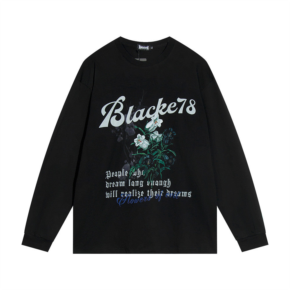 Men Long Sleeve T-Shirt Flowers Printed Bottoming Shirt Loose