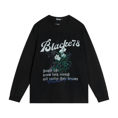Men Long Sleeve T-Shirt Flowers Printed Bottoming Shirt Loose