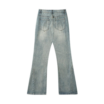 Men Jeans Retro Washed and Worn Ground White Slightly Flared Jeans