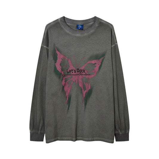 Men Long Sleeve T-Shirt Butterfly Print Distressed