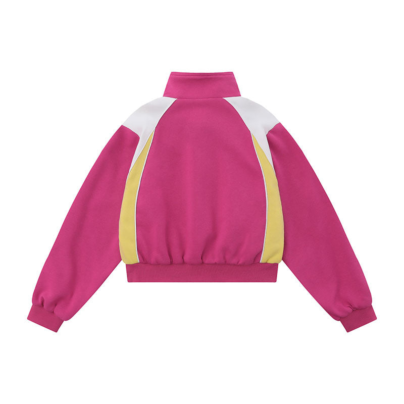 Women Jackets Color Stitching Stand-Collar Zipper Vintage