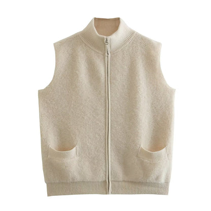 Women Sweater Knitwear Autumn Stand Collar Double Pocket Sleeveless Knit Vest Vest Jacket