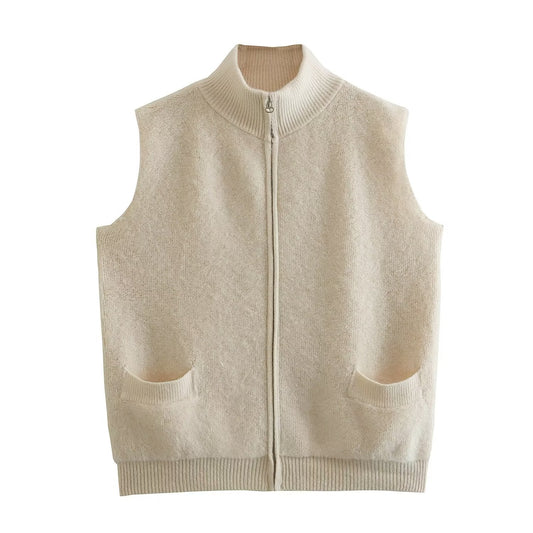 Women Sweater Knitwear Autumn Stand Collar Double Pocket Sleeveless Knit Vest Vest Jacket