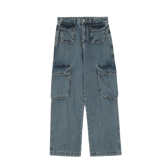 Men Jeans Solid Color Multi-Pocket Workwear Loose