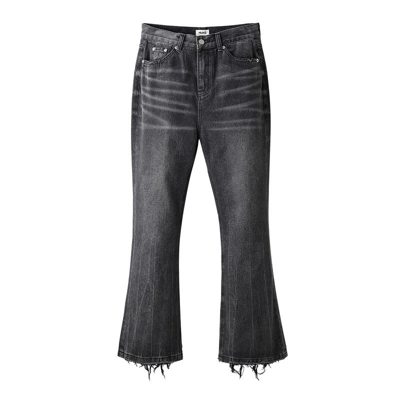 Men Jeans Retro Bell-Bottom Pants Cat Beard Washed Loose Jeans