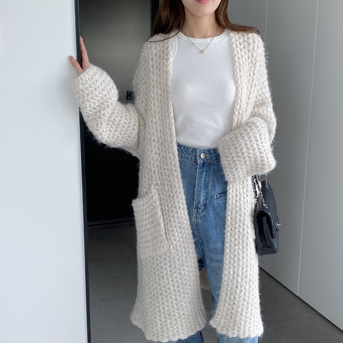 Women Cardigan Sweater Autumn and Winter Loose Pocket Texture Interwoven Long Cardigan Jacket Kc81