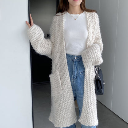 Women Cardigan Sweater Autumn and Winter Loose Pocket Texture Interwoven Long Cardigan Jacket Kc81