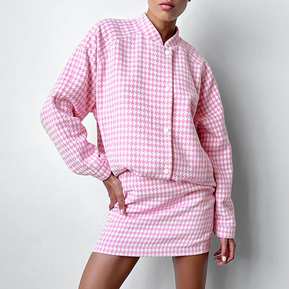 Women Trench Coat Autumn and Winter Stand Collar Long Sleeve Plaid Two-Piece Set Loose Casual Jacket