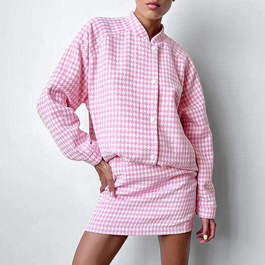 Women Trench Coat Autumn and Winter Stand Collar Long Sleeve Plaid Two-Piece Set Loose Casual Jacket
